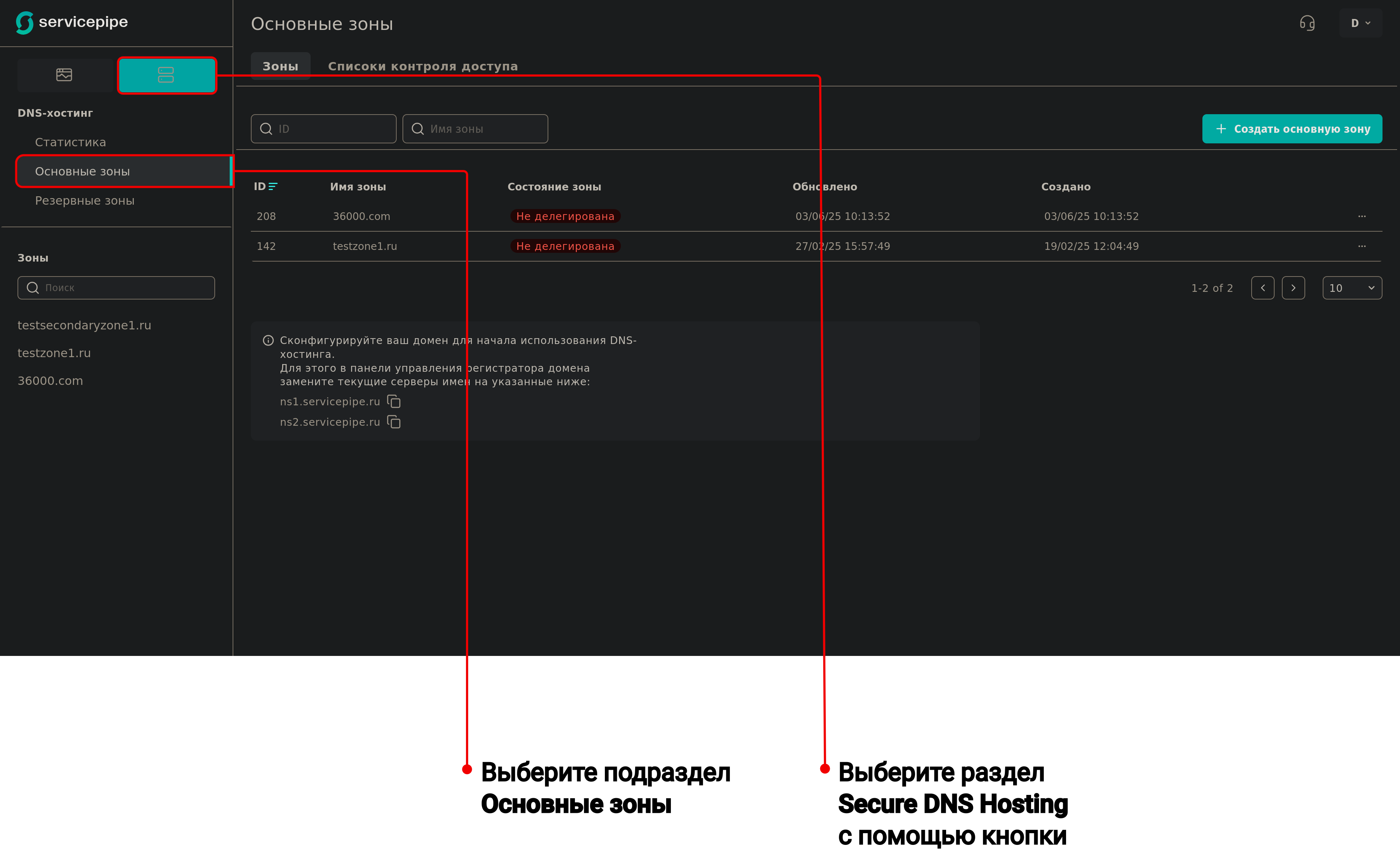 Выбор раздела Основные зоны