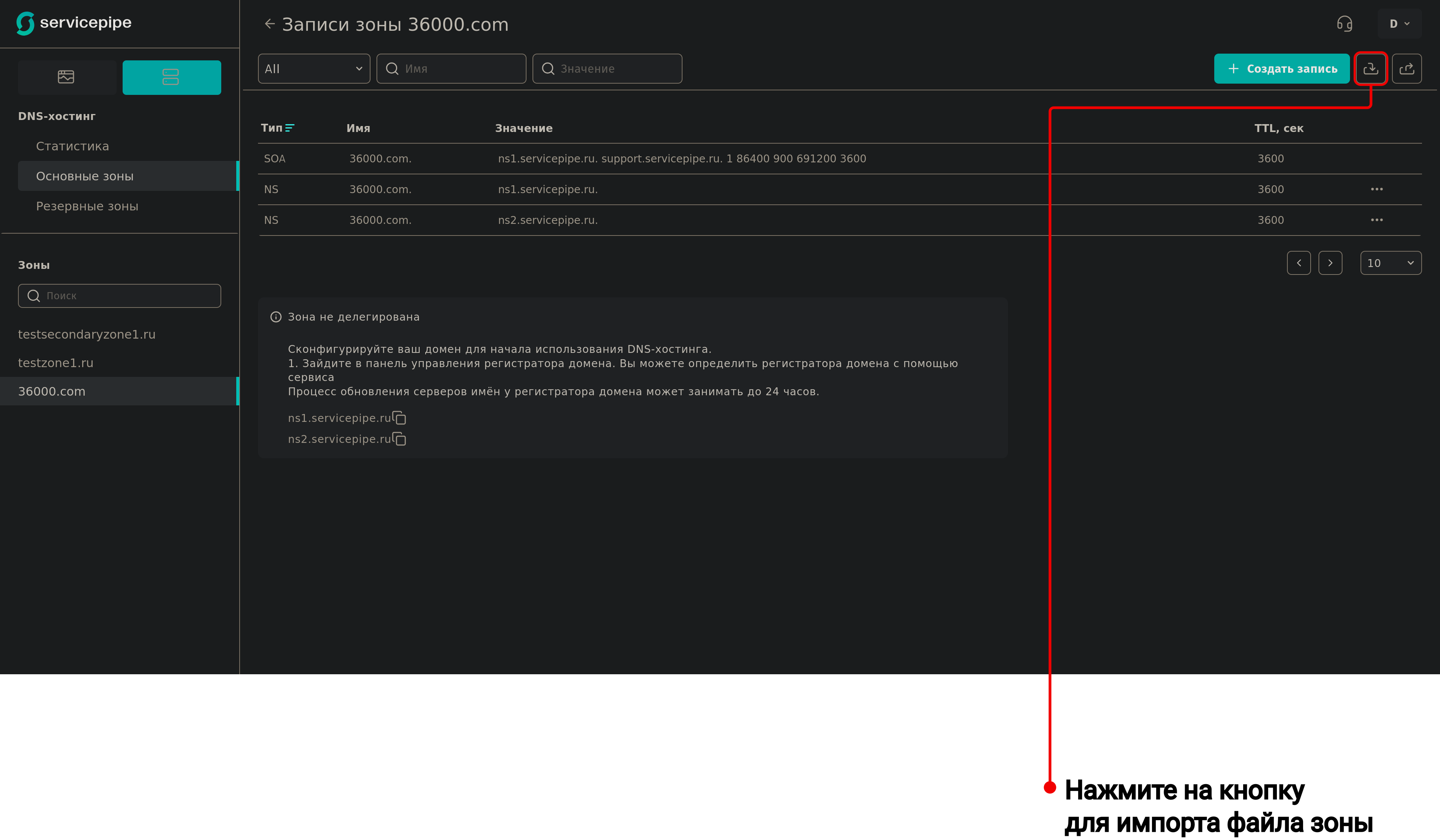 Кнопка Импорта файла зоны