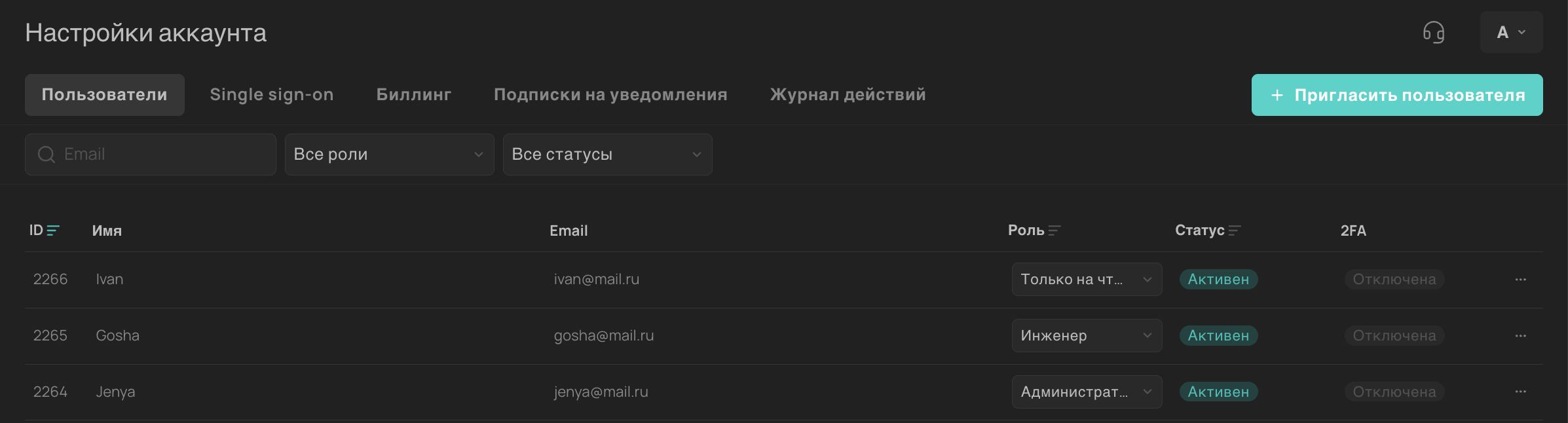 Вкладка Пользователи